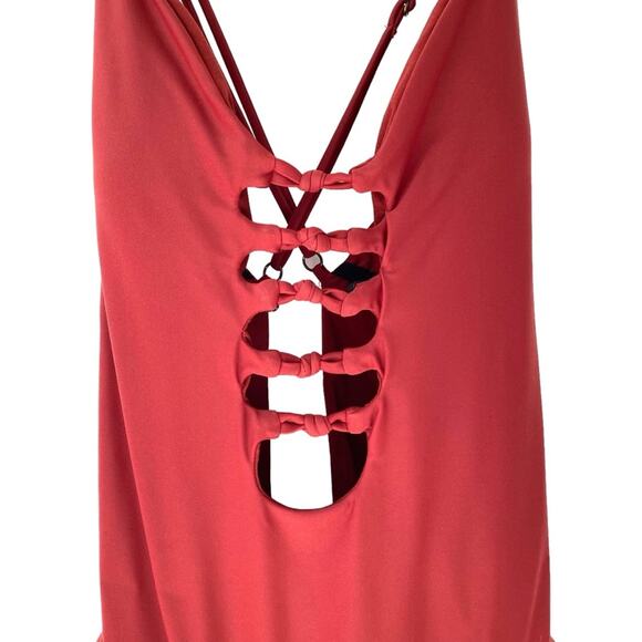 Becca Virtue Love Letter Knotted Cut Out Low Back One Piece Swimsuit XL Maroon - Picture 4 of 8